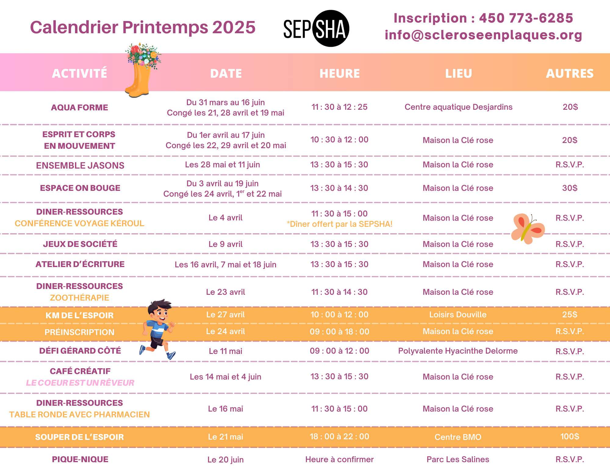 Calendrier abrégé des activités offertes à la SEPSHA au printemps 2025 (avril à juin)